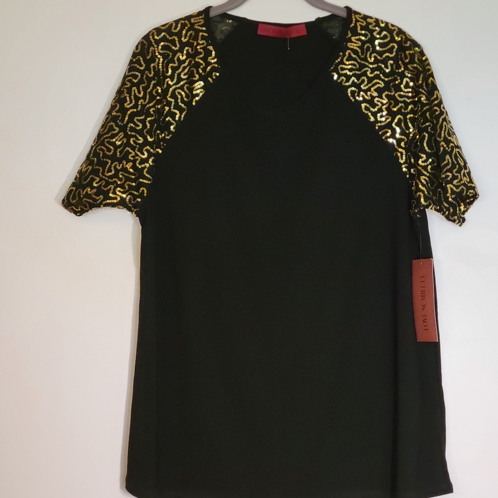 Love Scarlett Black & Gold Sequin Short-Sleeved Blouse